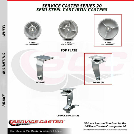 Service Caster 6 Inch Semi Steel Cast Iron Wheel Swivel Caster Set with Roller Bearings SCC SCC-20S620-SSR-4